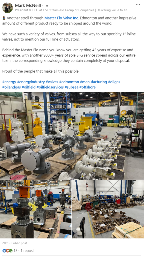 Social media post from Dar Al Amal President and CEO Mark McNeill highlighting a wide variety of products that were recently manufactured by our company.